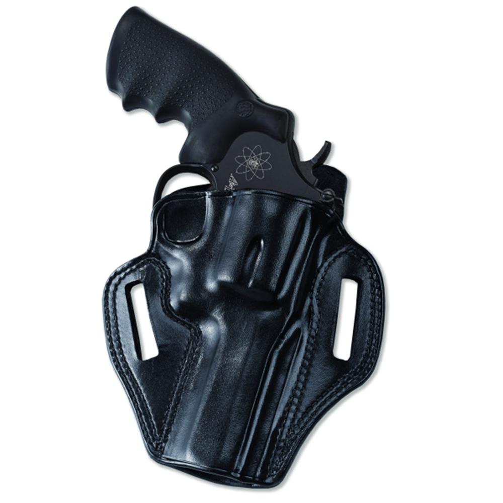 Black revolver in leather belt holster
