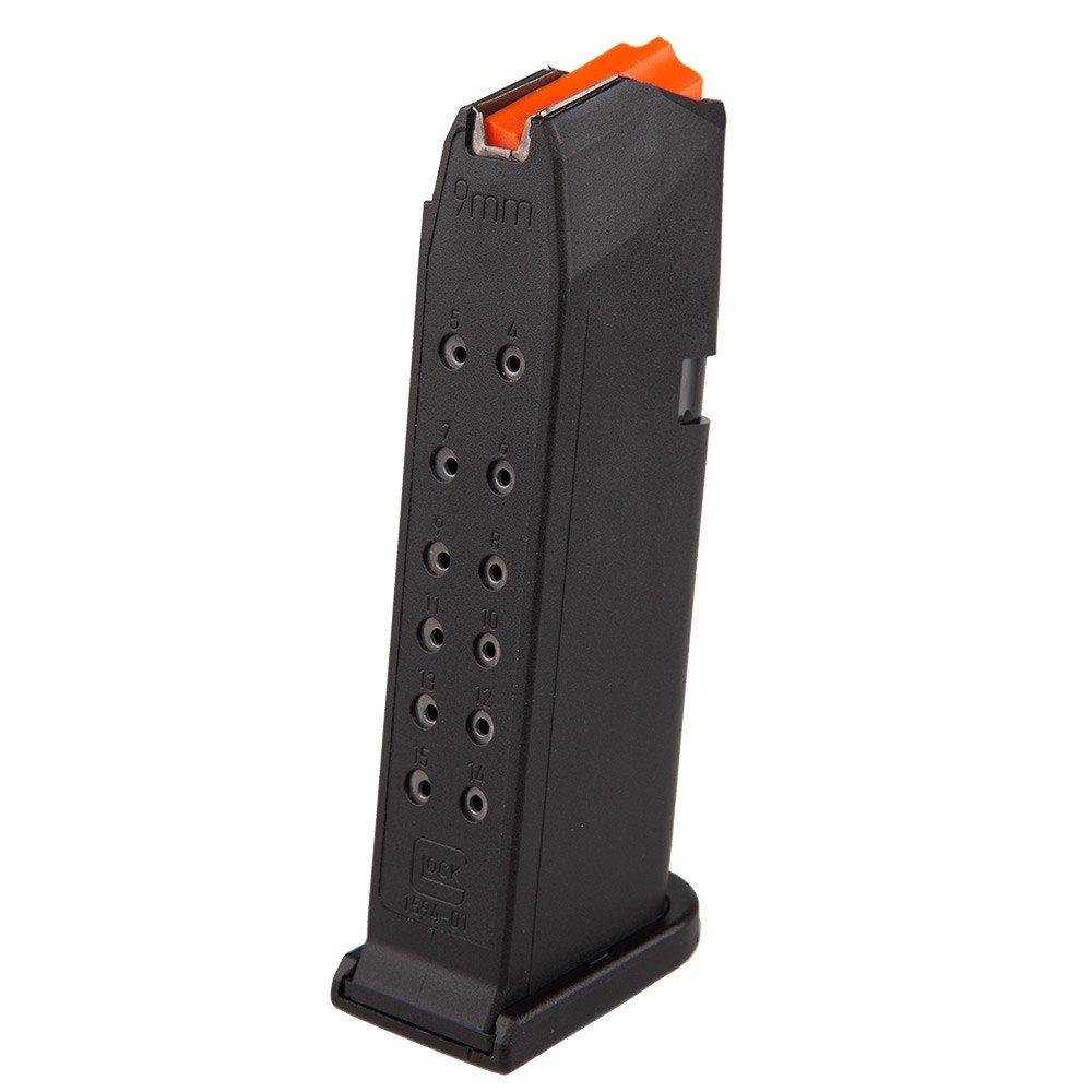 Black 9mm handgun magazine with orange follower