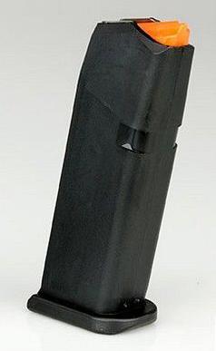 Black handgun magazine with orange follower