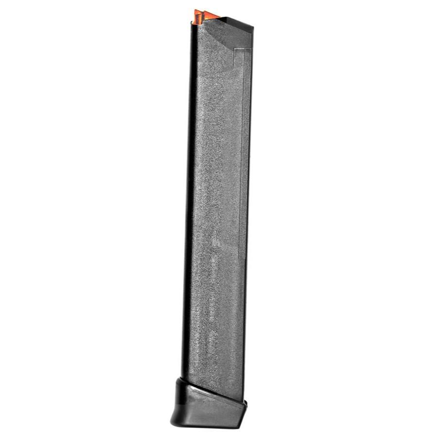 Black extended handgun magazine on white background