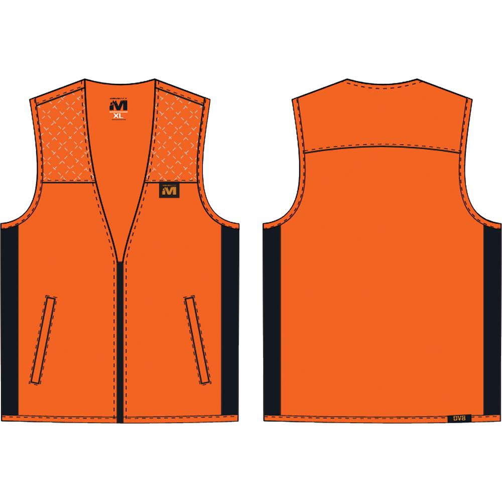 Orange sleeveless zip-up vest with black side panels