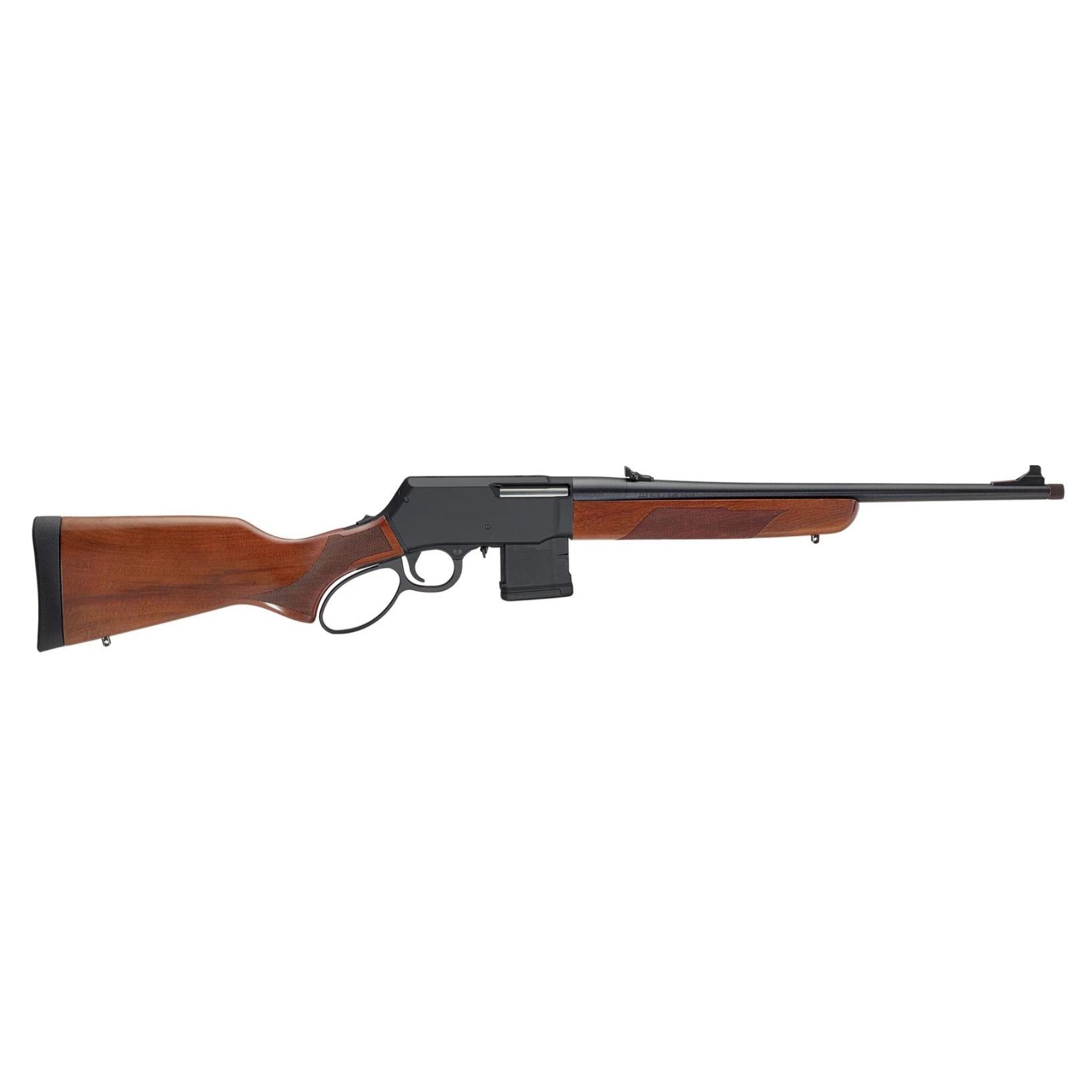 Lever-action rifle with wooden stock and black barrel