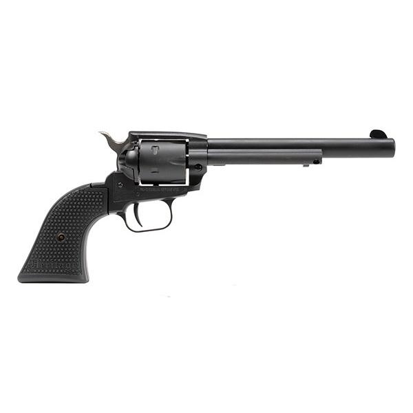 Black revolver with long barrel on white background