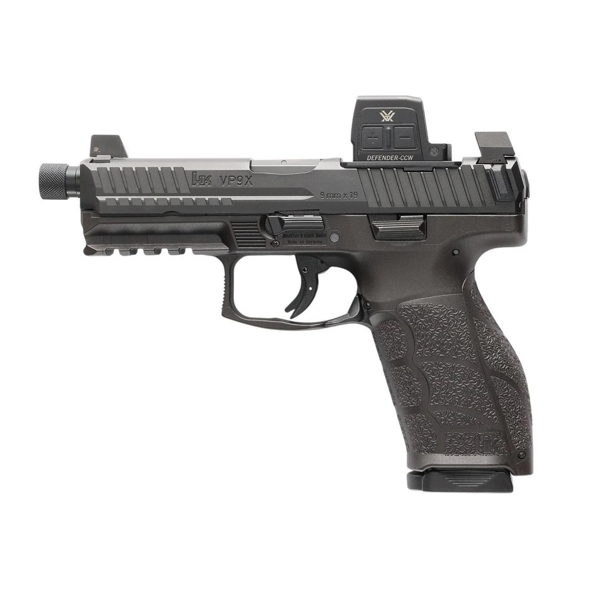 Black semi-automatic pistol with red dot sight