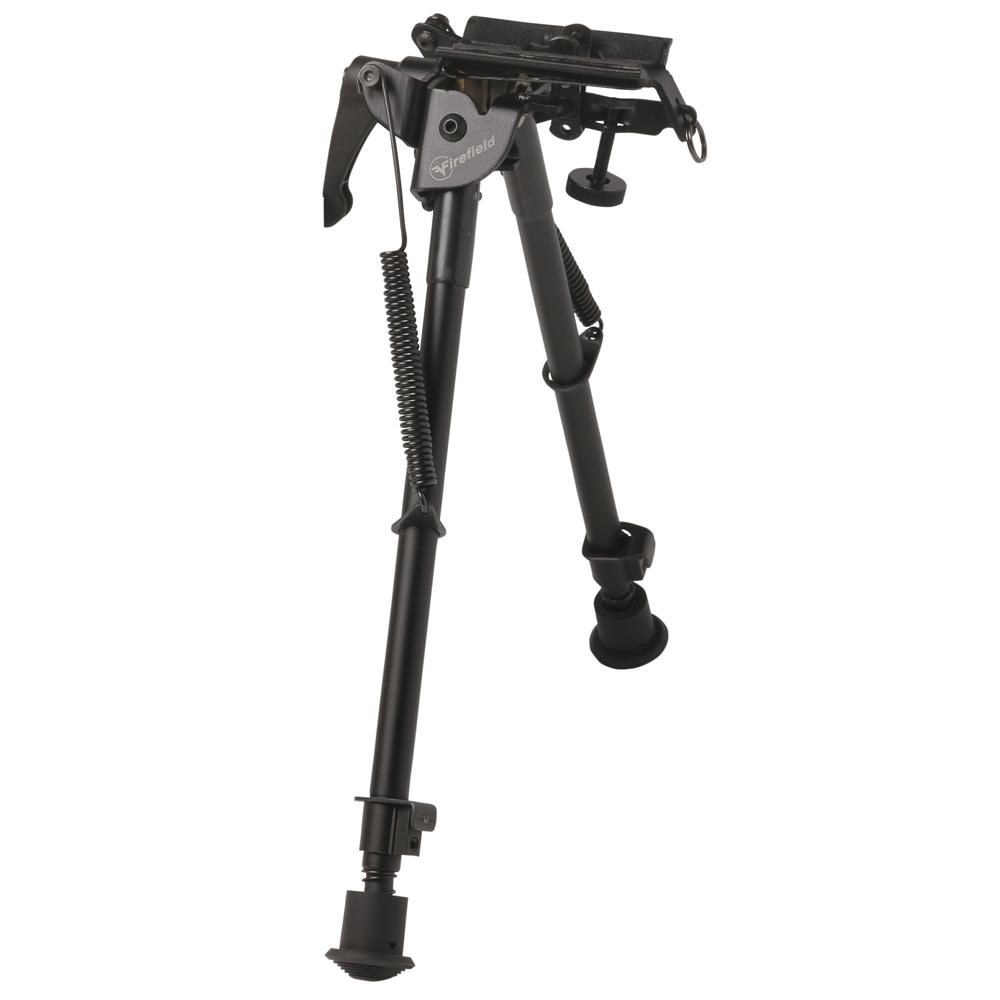 Black adjustable rifle bipod with spring legs