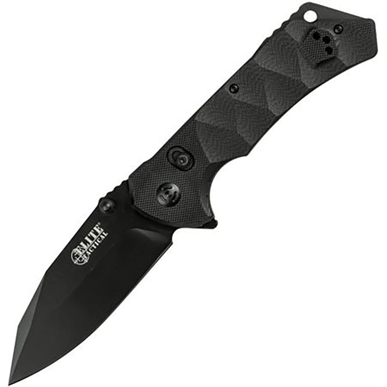 Black tactical folding knife with textured handle