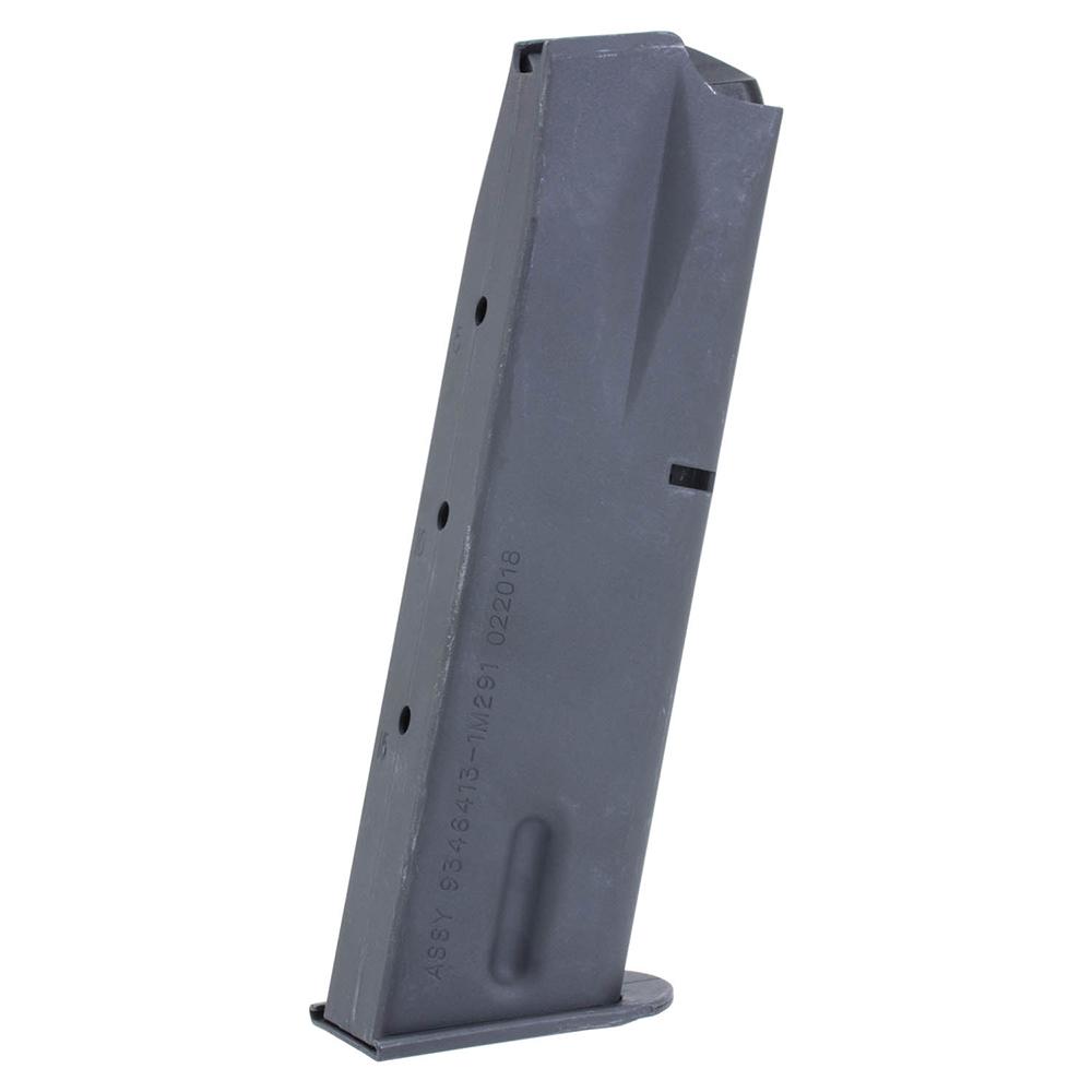 Metal handgun magazine on white background