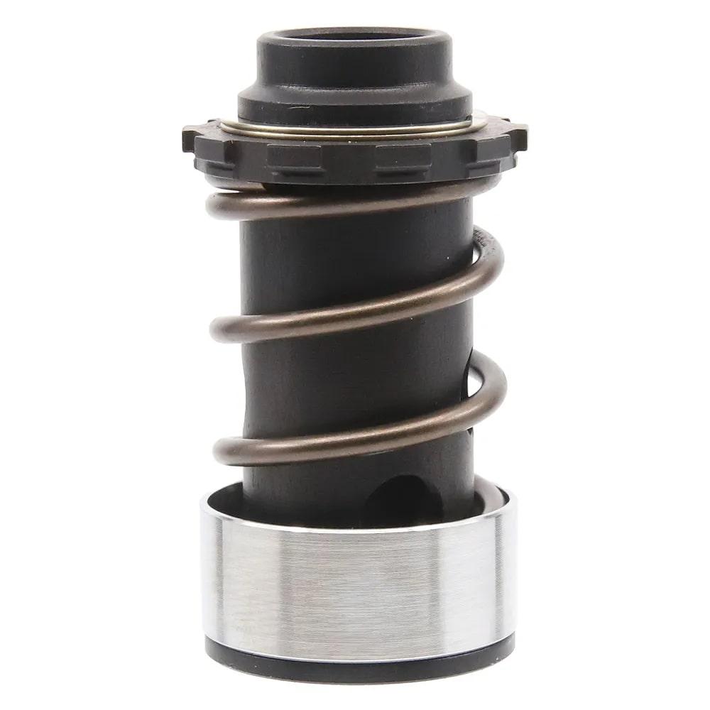 Spring-loaded mechanical valve component on white background