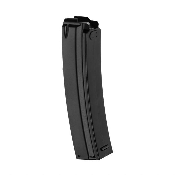 Black curved rifle magazine on white background