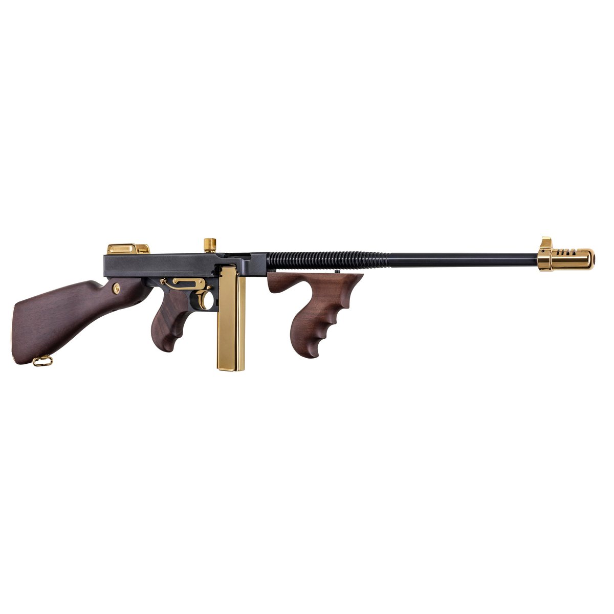 Gold-accented Thompson submachine gun on white background