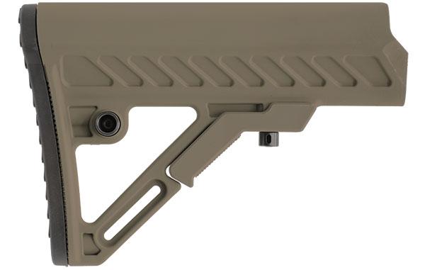 Tan adjustable rifle stock, side profile