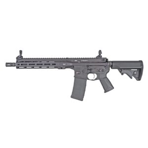 Black AR-15 style semi-automatic rifle