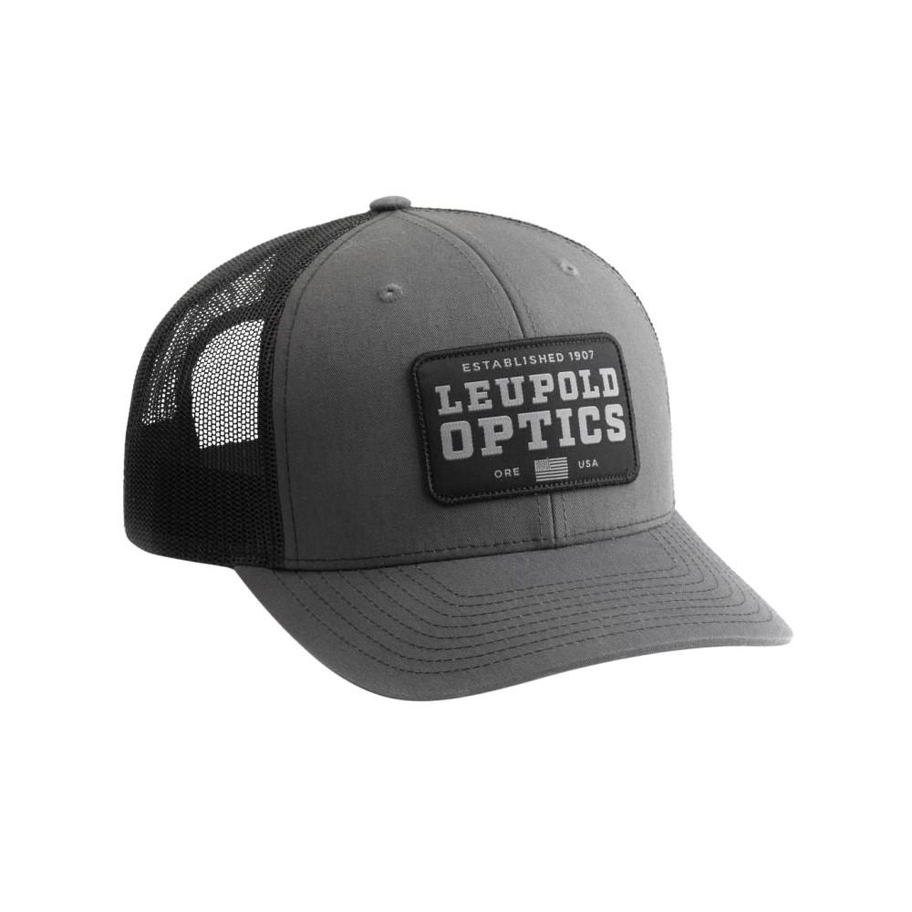 Gray and black Leupold Optics trucker hat