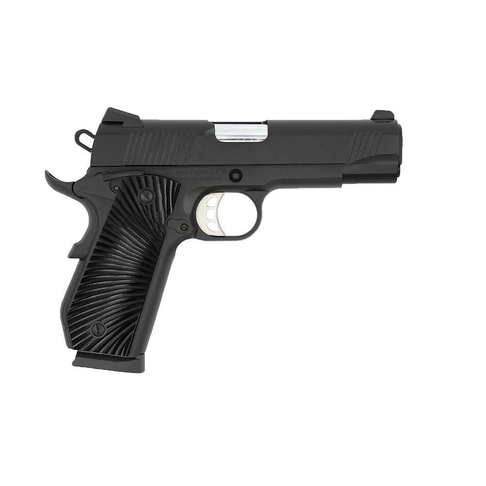 Black semi-automatic handgun on white background
