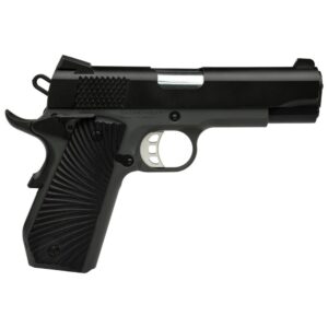 Black semi-automatic handgun isolated on white background