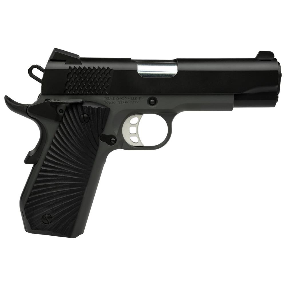 Black semi-automatic handgun isolated on white background