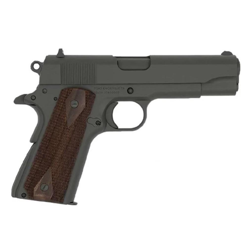 Side view of semi-automatic handgun with wooden grip