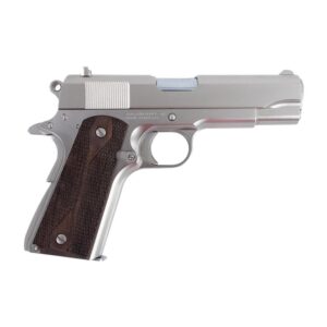 Silver semi-automatic handgun with wooden grip