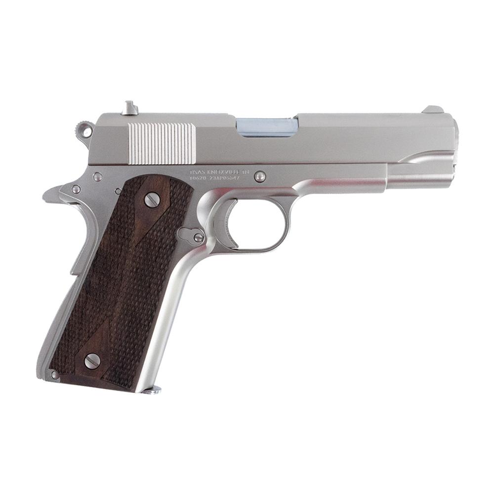 Silver semi-automatic handgun with wooden grip