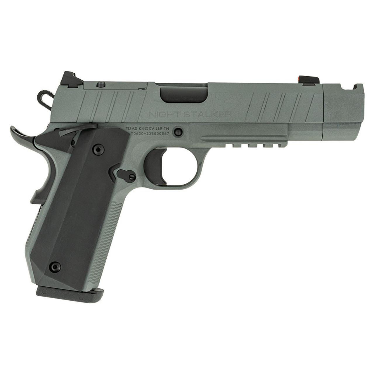 Gray semi-automatic pistol on white background
