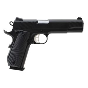 Black semi-automatic handgun on white background