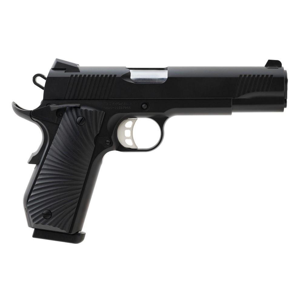 Black semi-automatic handgun on white background