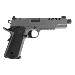 Silver and black 1911-style handgun with threaded barrel