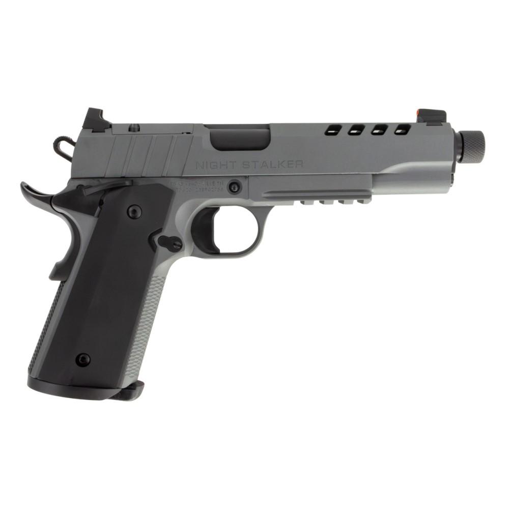 Silver and black 1911-style handgun with threaded barrel