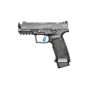 Black semi-automatic handgun on white background