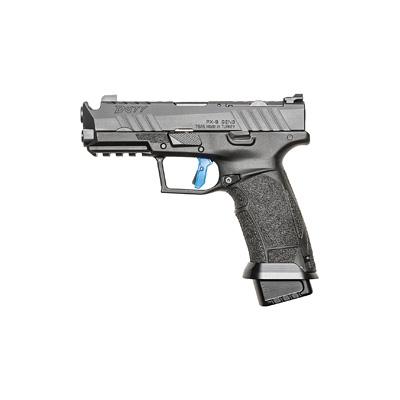 Black semi-automatic handgun on white background