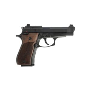 Semi-automatic pistol with wooden grip on white background