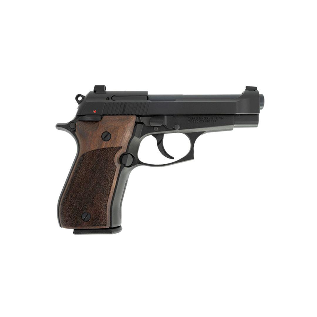 Semi-automatic pistol with wooden grip on white background