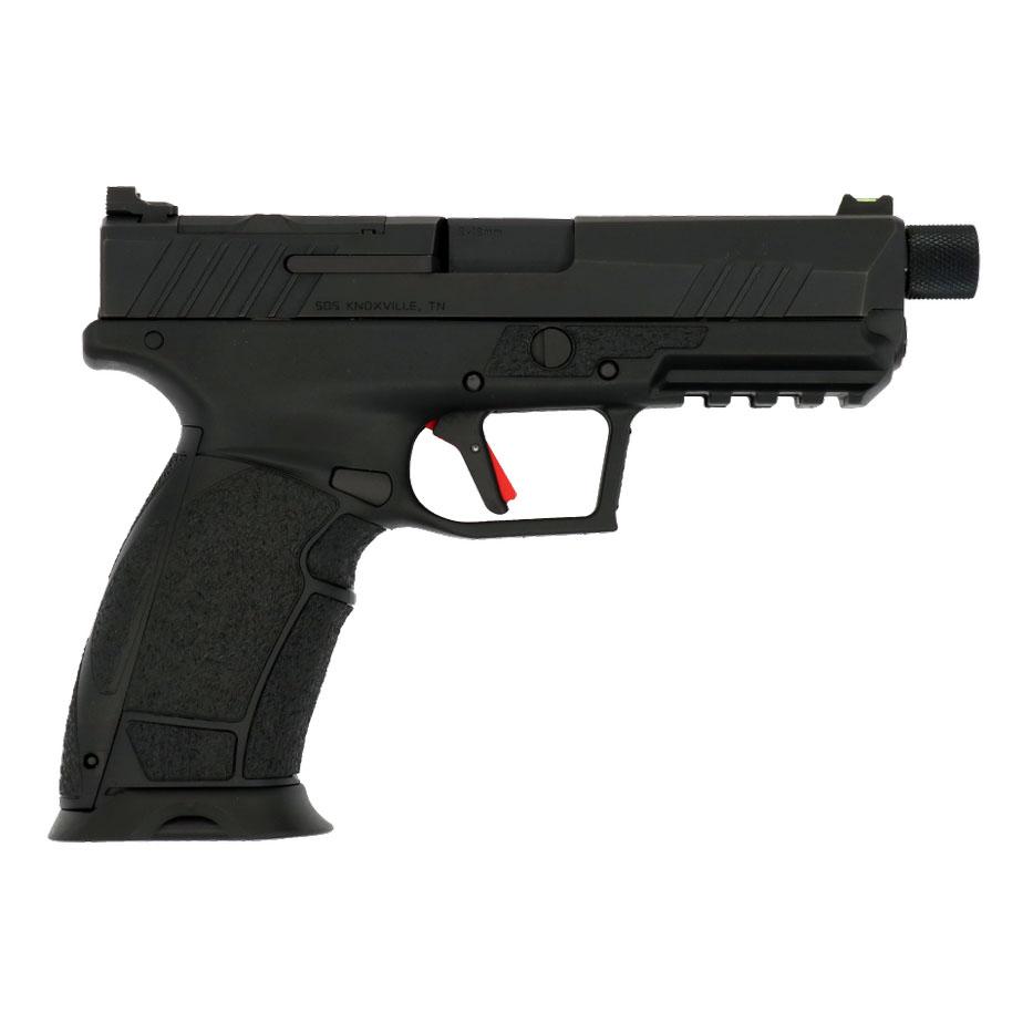 Black semi-automatic handgun on white background