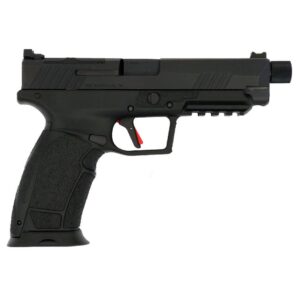 Black semi-automatic handgun with threaded barrel