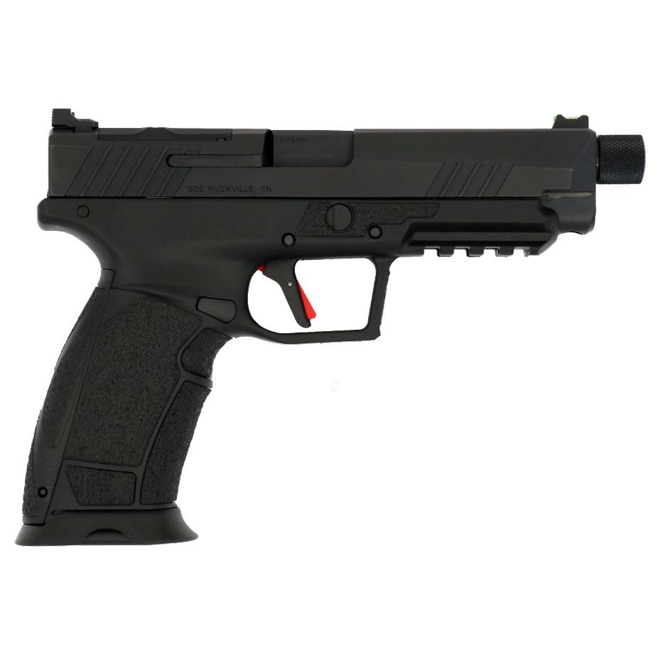 Black semi-automatic handgun with threaded barrel