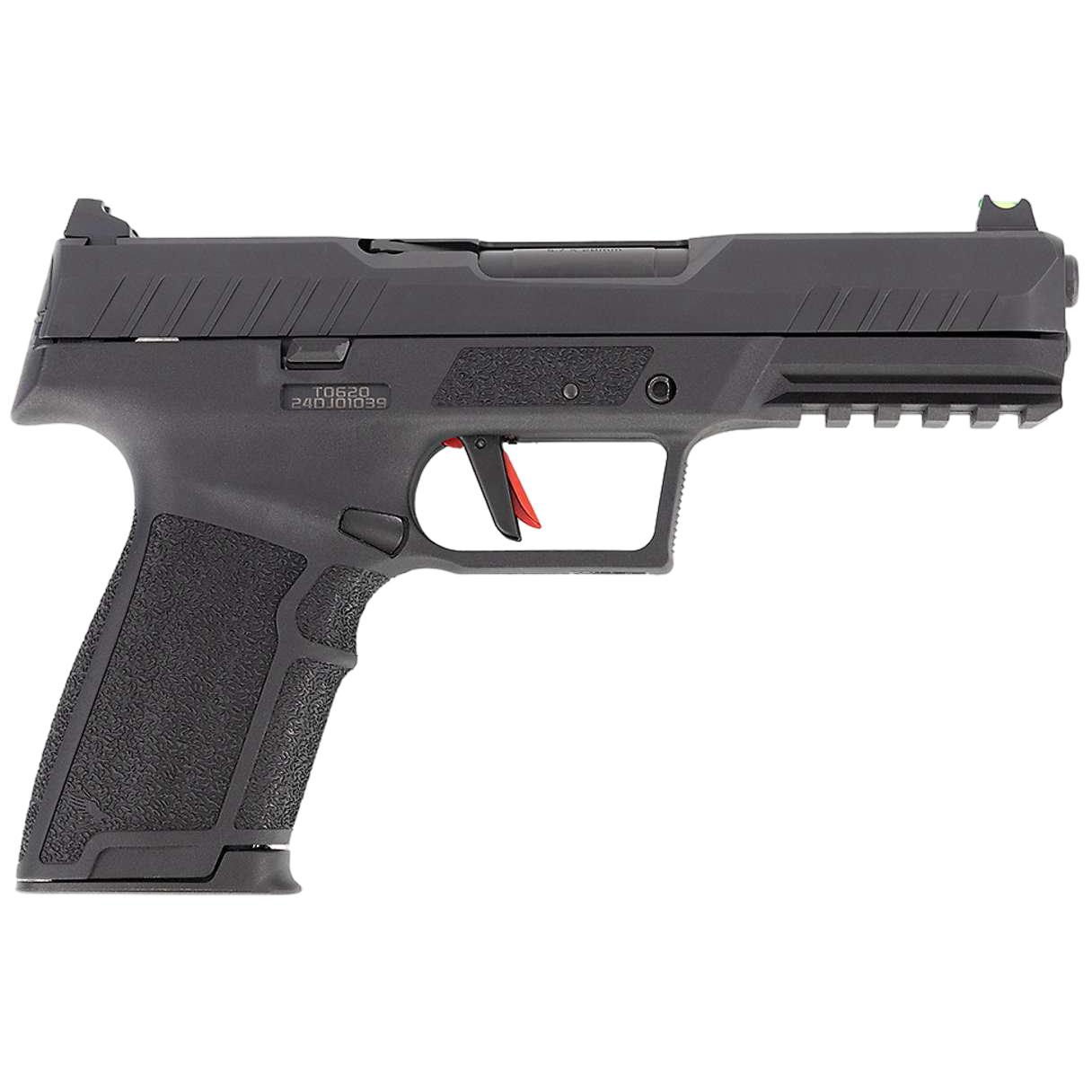 Black semi-automatic handgun on white background