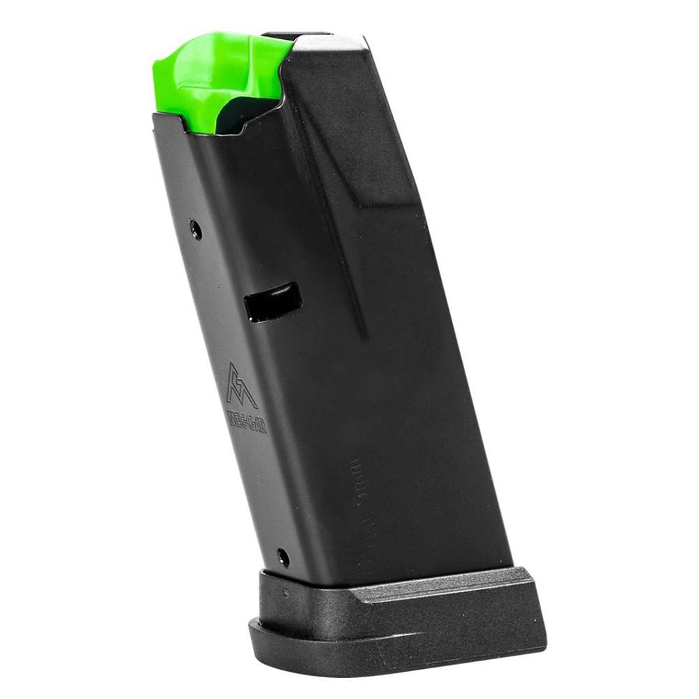 Black handgun magazine with green follower