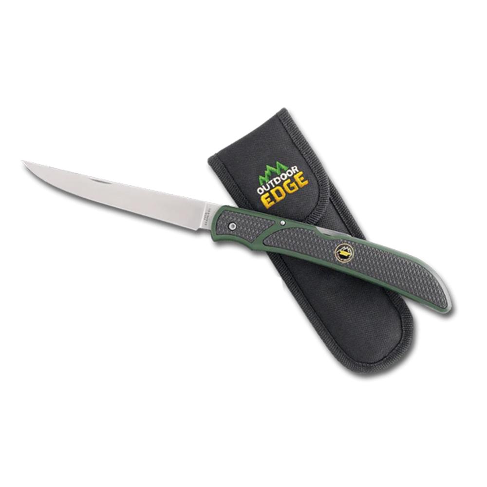 Folding knife with green handle and sheath