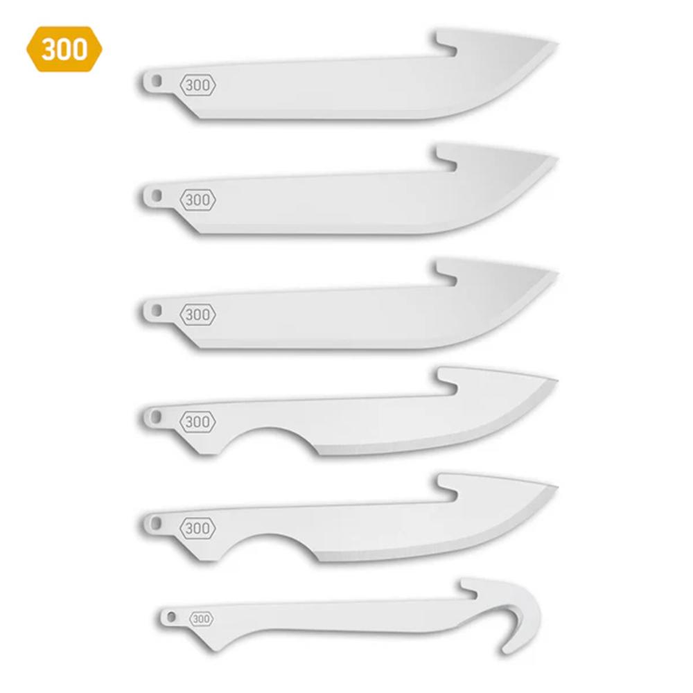 Six metal blade shapes labeled 300