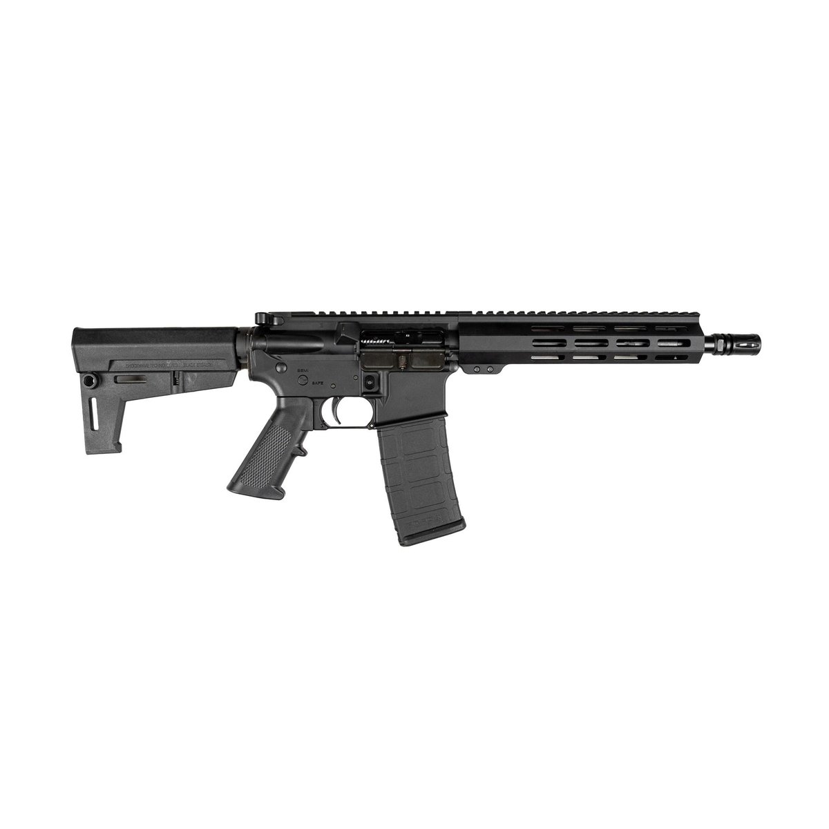 Black AR-15 style semi-automatic rifle