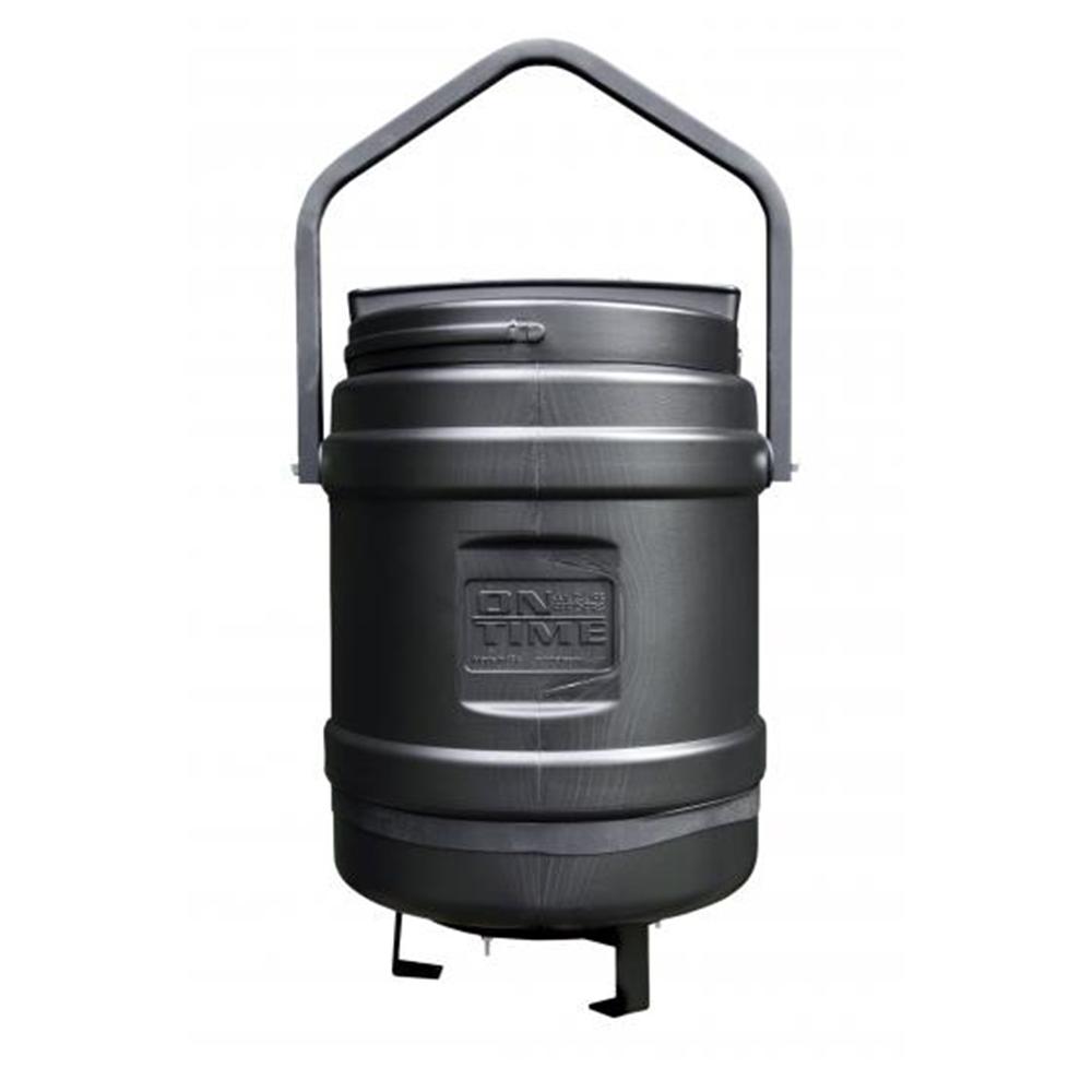 Black metal container with handle and legs