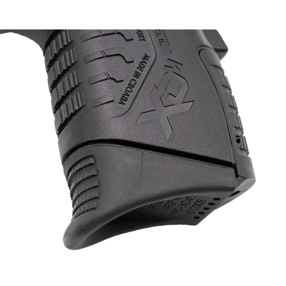 Close-up of black pistol grip with XD logo