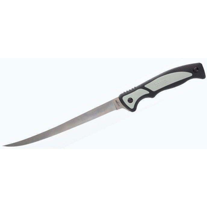 Curved fillet knife with black handle on white background