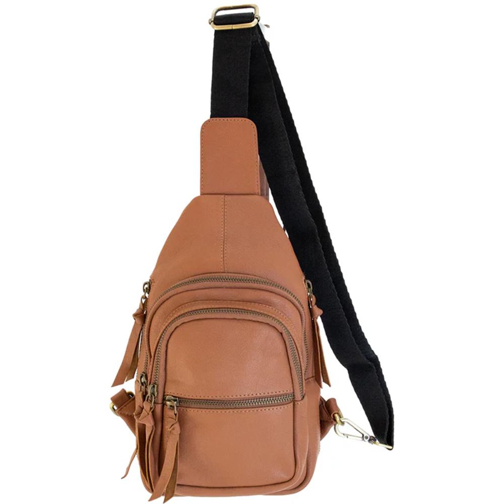 Brown leather sling backpack with black strap