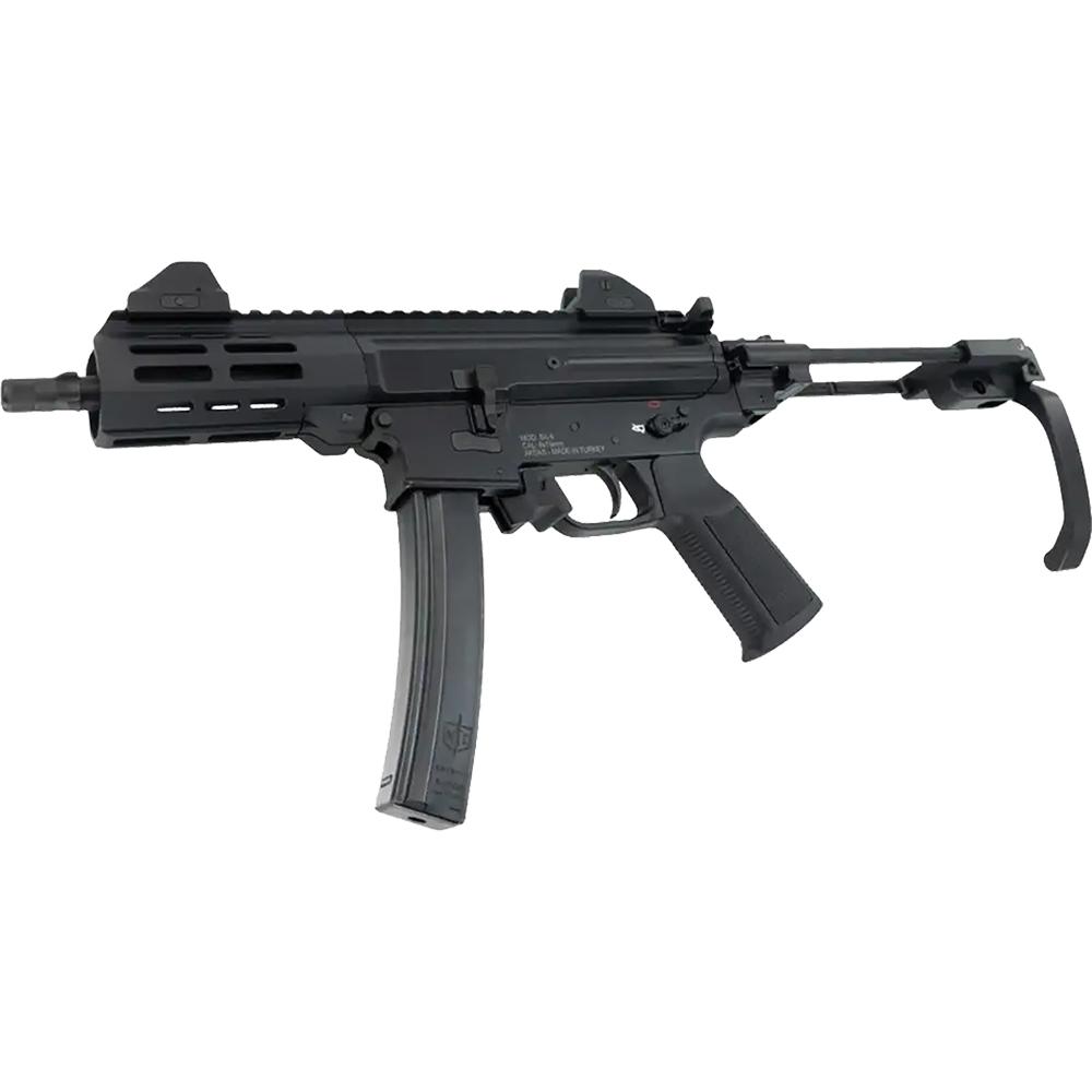 Black compact submachine gun with folding stock