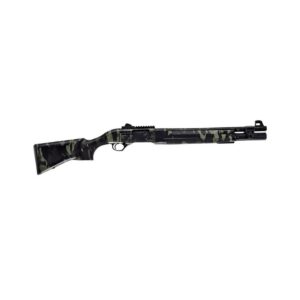 Camouflage-pattern pump-action shotgun on white background