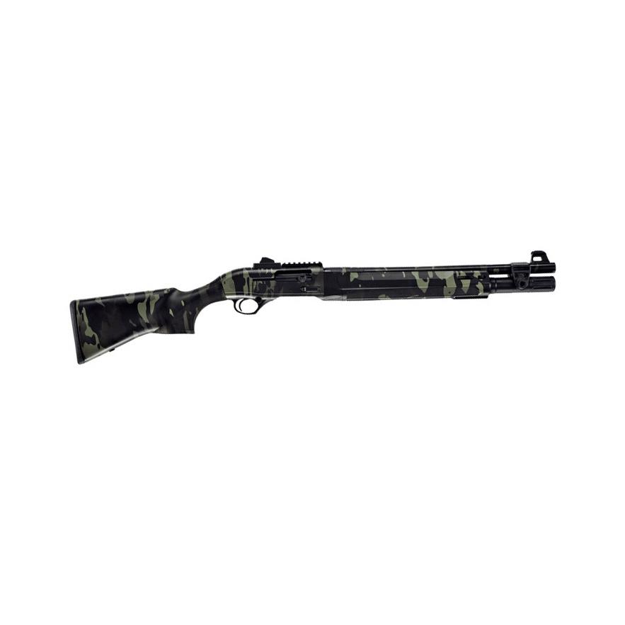 Camouflage-pattern pump-action shotgun on white background