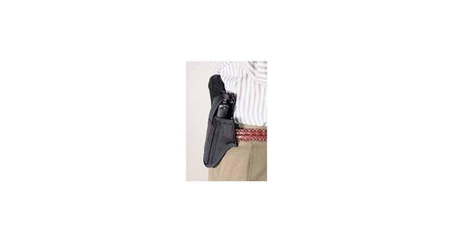 Handgun in black holster on waistband