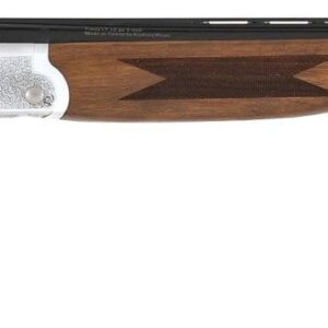 Side view of wooden-stock shotgun on white background