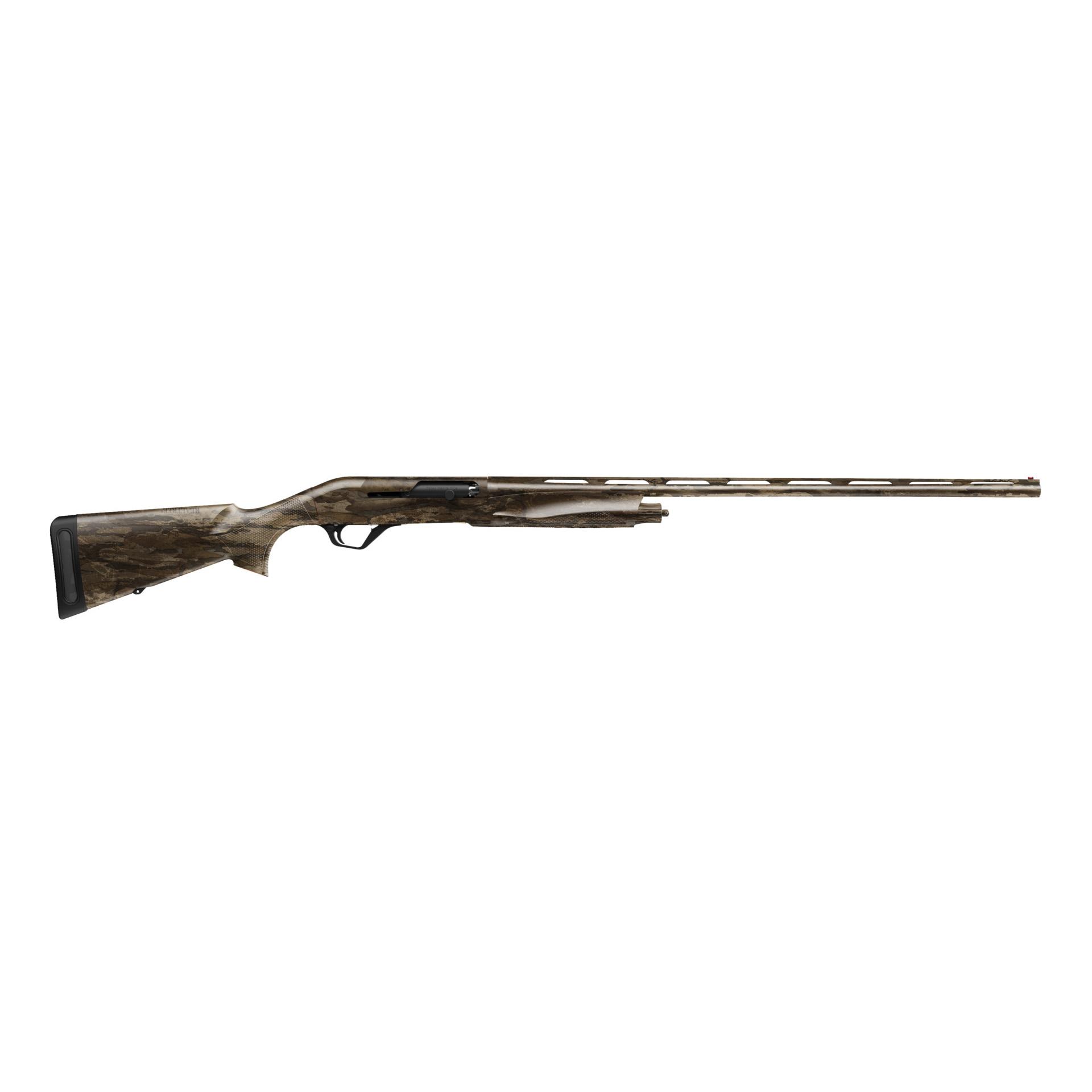 Camouflage semi-automatic shotgun on white background
